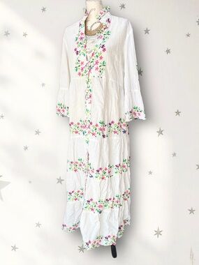 Be Boho White Tunic Floral Cotton Maxi Dress Midsummer Folk Festival - L